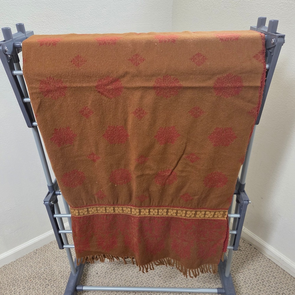Anichini Italy 100% Wool Medallion Fringed Throw Blankets Rust Red Set of 2